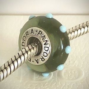Pandora 925 ALE Green blue Polka-Dots Murano Glass Bead Charm